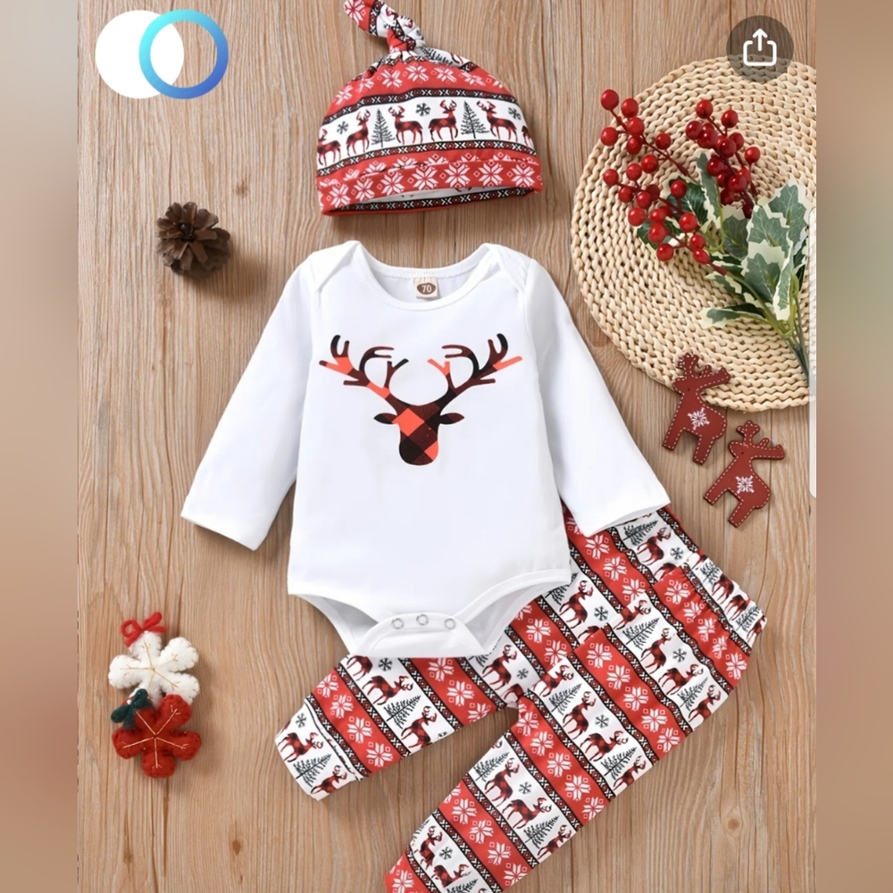Baby Long Sleeve Set, Christmas Elk Print Solid Color Onesie & Full Print Pants